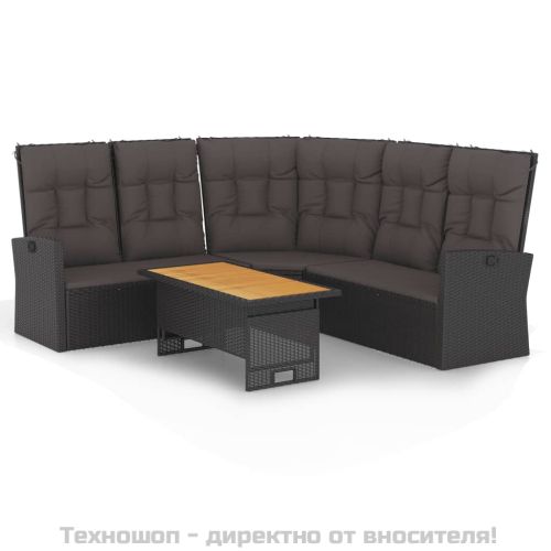 Градински лаундж комплект с възглавници 2 части черен полиратан