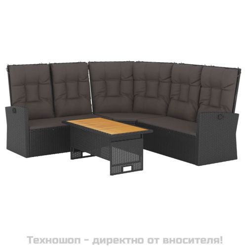 Градински лаундж комплект с възглавници 2 части черен полиратан