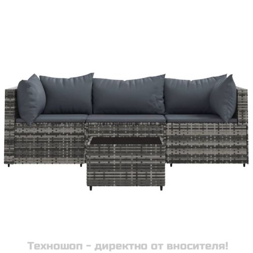 Градински лаундж комплект с възглавници 4 части сив полиратан