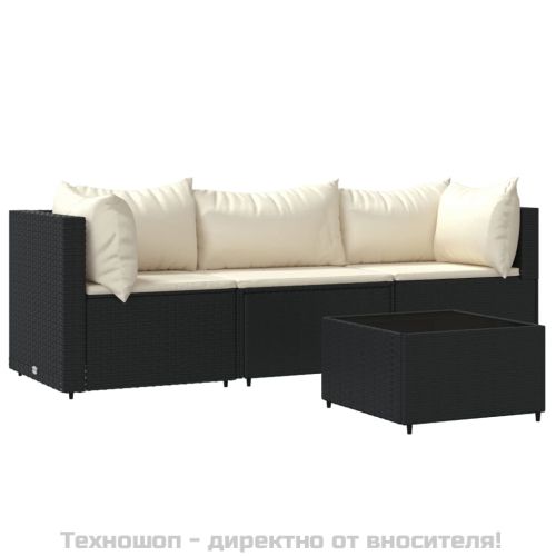 Градински лаундж комплект с възглавници 4 части черен полиратан