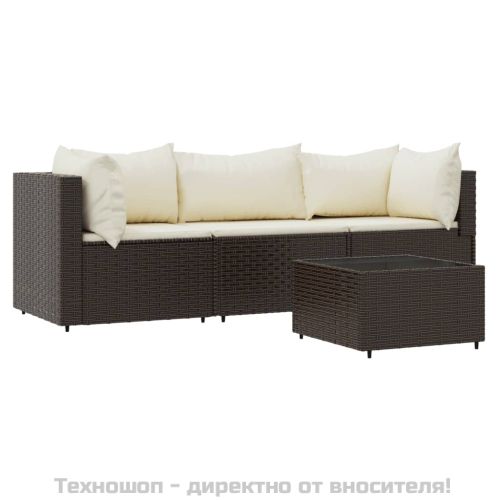 Градински комплект с възглавници, 4 части, кафяв, полиратан