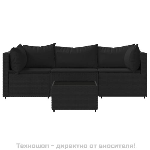 Градински лаундж комплект с възглавници 4 части черен полиратан