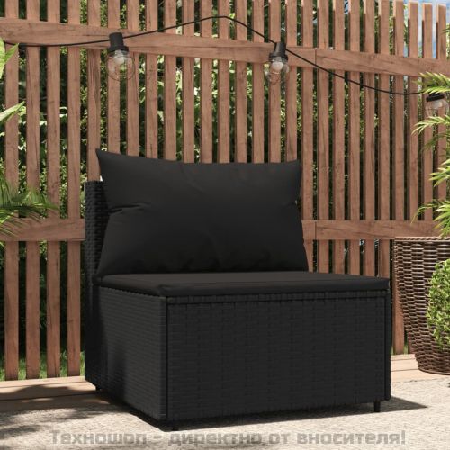 Градински среден диван с възглавници, черен, полиратан