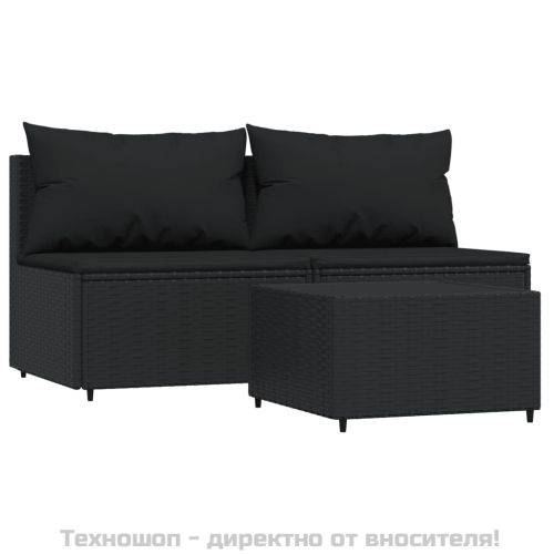 Градински лаундж комплект с възглавници 3 части черен полиратан