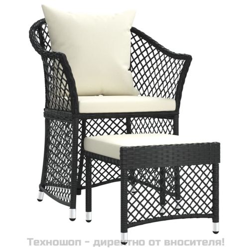 Градински лаундж комплект с възглавници 2 части черен полиратан