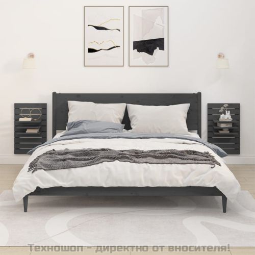 Нощни рафтове за стена, 2 бр, сиви, борово дърво масив