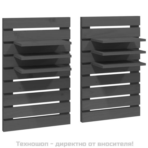Нощни рафтове за стена, 2 бр, сиви, борово дърво масив