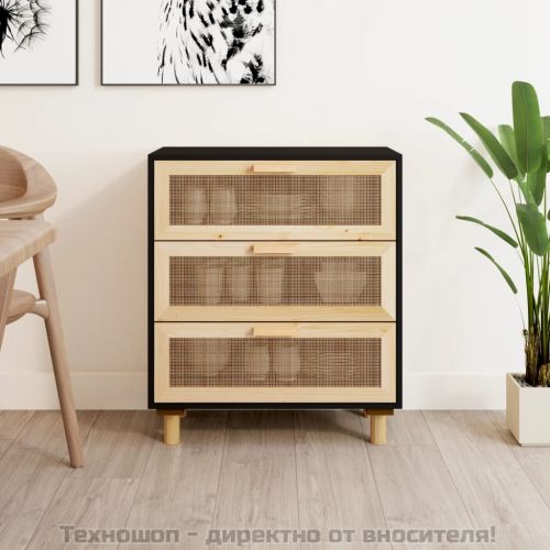 Сайдборд, черен, 60x30x70 см, бор масив и естествен ратан