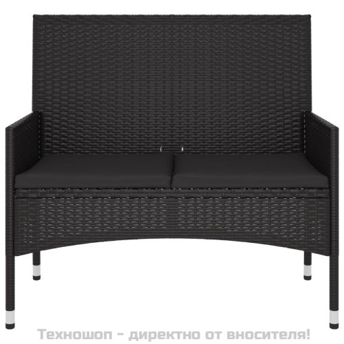 2-местна градинска пейка с възглавници, черна, полиратан
