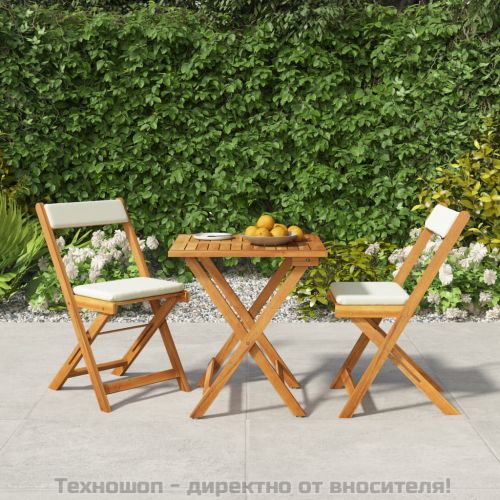 Сгъваем бистро комплект, 3 части, с възглавници, акация масив