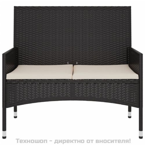 2-местна градинска пейка с възглавници, черна, полиратан