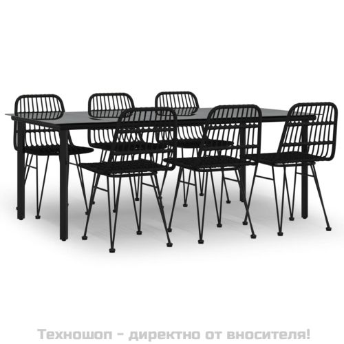 Градински трапезен комплект от 7 части, черно, полиратан
