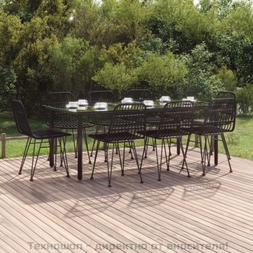 Градински трапезен комплект, 9 части, черен, полиратан