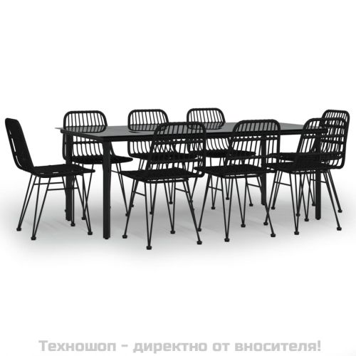 Градински трапезен комплект, 9 части, черен, полиратан