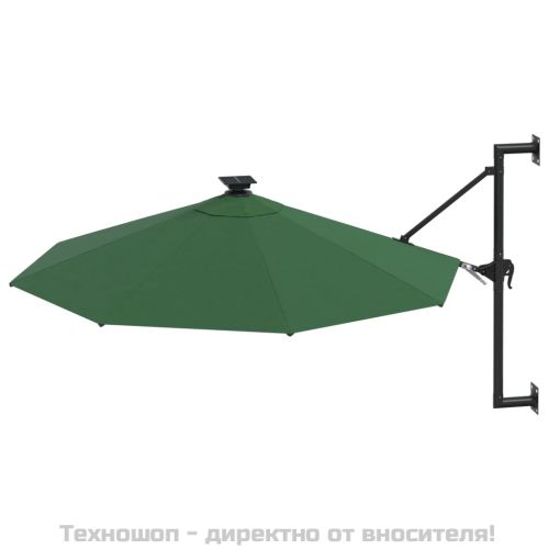 Градински чадър за монтаж на стена, с LED, 300 см, зелен