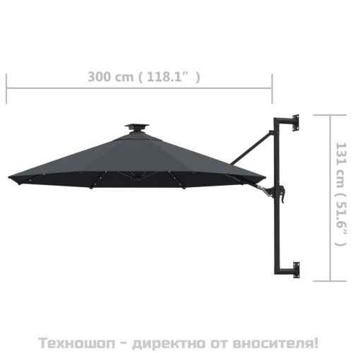 Градински чадър за монтаж на стена, с LED, 300 см, антрацит