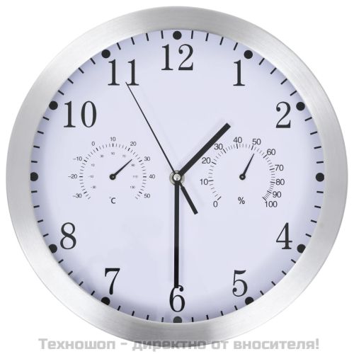Стенен часовник с кварц, хигрометър и термометър, 30 см, бял