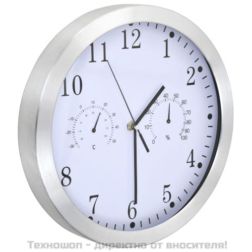 Стенен часовник с кварц, хигрометър и термометър, 30 см, бял