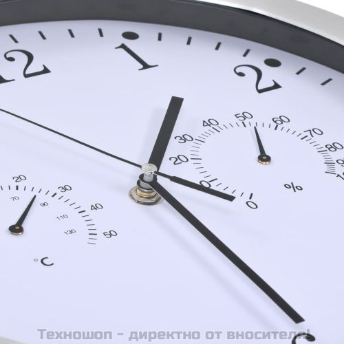 Стенен часовник с кварц, хигрометър и термометър, 30 см, бял