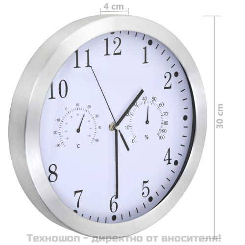 Стенен часовник с кварц, хигрометър и термометър, 30 см, бял
