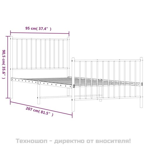 Метална рамка за легло с горна и долна табла, бяла, 90x200 см