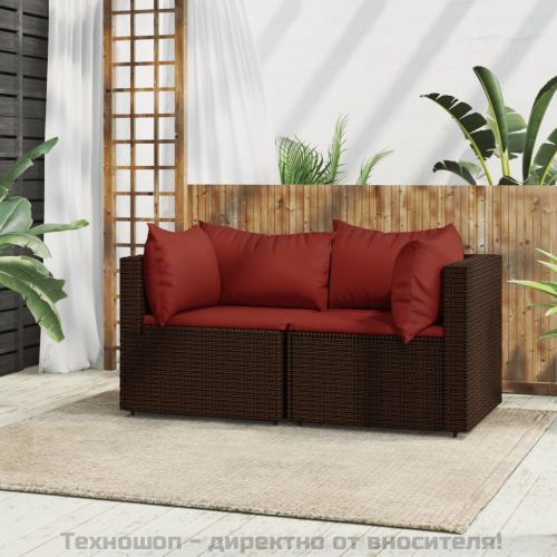 Градински ъглови дивани с възглавници, 2 бр, кафяви, полиратан