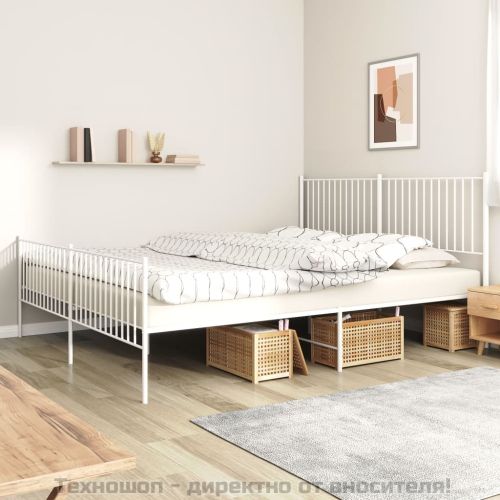 Метална рамка за легло с горна и долна табла, бяла, 200x200 см