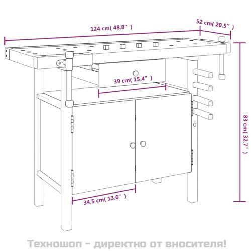 Работна маса с чекмедже и менгемета 124x52x83 см Масивна дървесина, акация