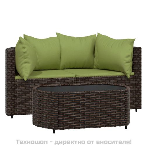 Градински комплект с възглавници, 3 части, кафяв, полиратан