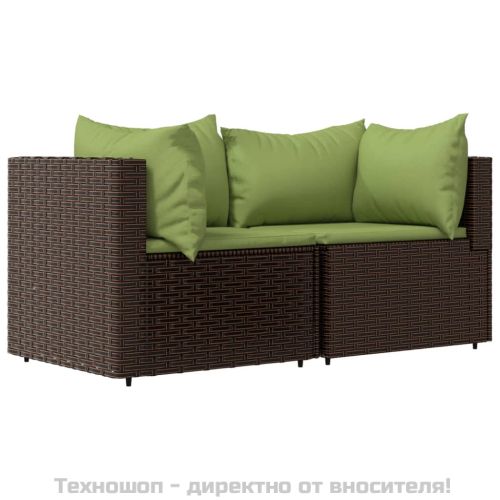 Градински ъглови дивани с възглавници, 2 бр, кафяви, полиратан