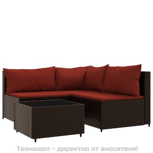 Градински комплект с възглавници, 4 части, кафяв, полиратан