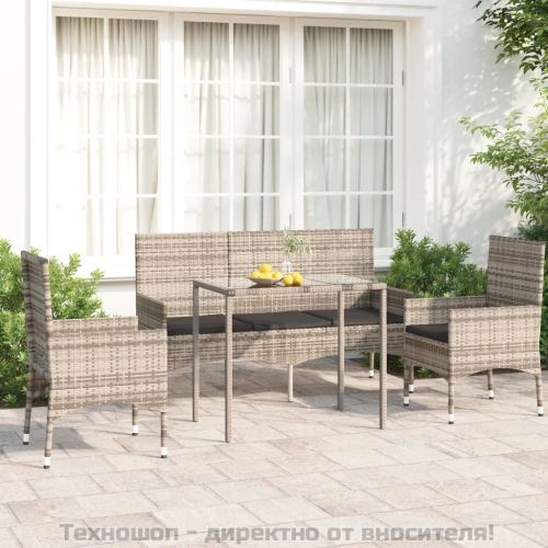 Градински лаундж комплект с възглавници 4 части сив полиратан