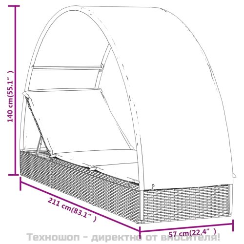 Шезлонг с объл покрив черен 211x57x140 см полиратан