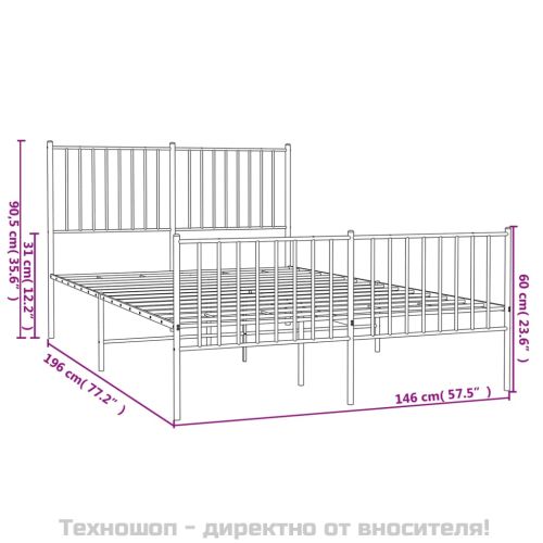 Метална рамка за легло с горна и долна табла, бяла, 140x190 см