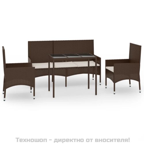 Градински комплект с възглавници, 4 части, кафяв, полиратан