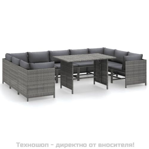 Градински комплект с възглавници, 10 части, полиратан, сив