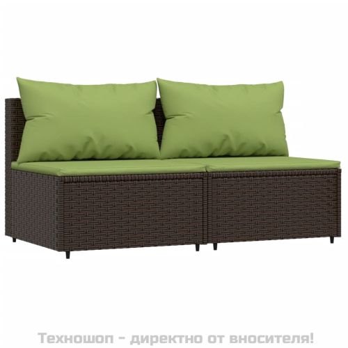 Градински средни дивани с възглавници, 2 бр, кафяви, полиратан