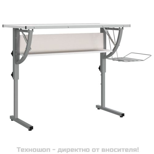 Бюро, бяло и сиво, 110x53x(58-87) см, инженерно дърво и стомана