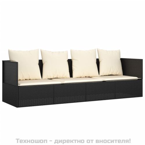 Градинско лаундж легло с възглавници, черен полиратан