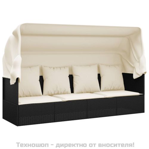 Градинско лаундж легло с покрив и възглавници черен полиратан