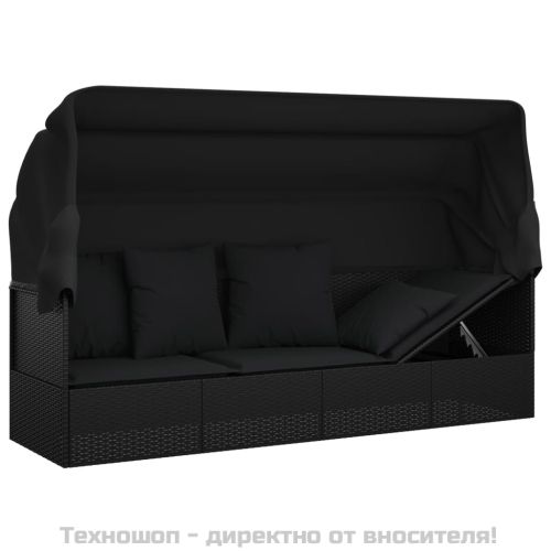 Градинско лаундж легло с покрив и възглавници черен полиратан