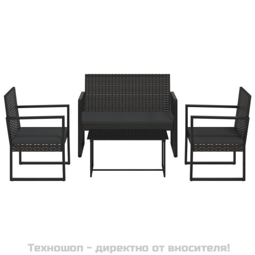 Градински лаундж комплект с възглавници 4 части черен полиратан