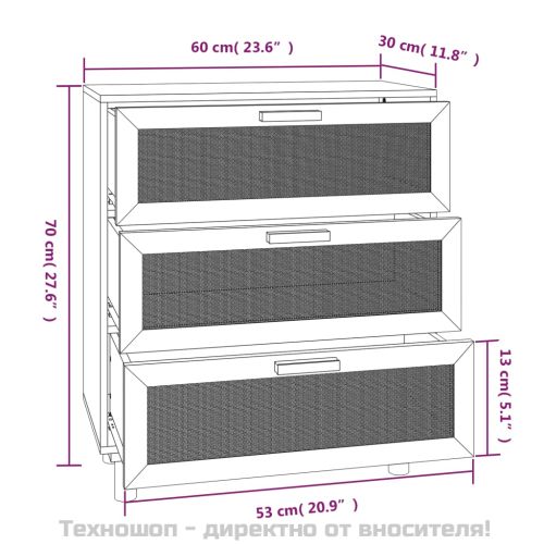 Бюфет, бял, 60x30x70 см, бор масив и естествен ратан