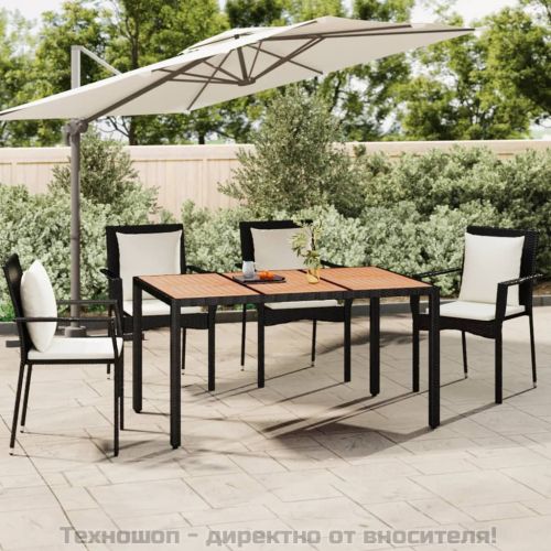 Градинска маса с дървен плот, черна, полиратан и акация масив