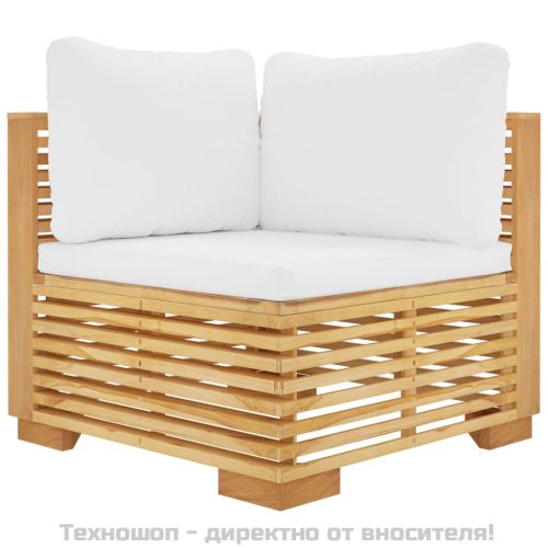 Градински ъглов диван с кремави възглавници, тиково дърво масив