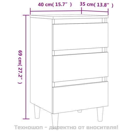 Нощнo шкафче с крака от дърво масив, бетонно сиво, 40x35x69 см