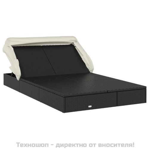 2-местен шезлонг черен сгъваем покрив 213x118x97 см полиратан