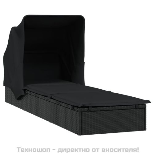 Шезлонг със сгъваем покрив, черен, 213x63x97 см, полиратан