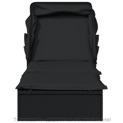 Шезлонг със сгъваем покрив, черен, 213x63x97 см, полиратан