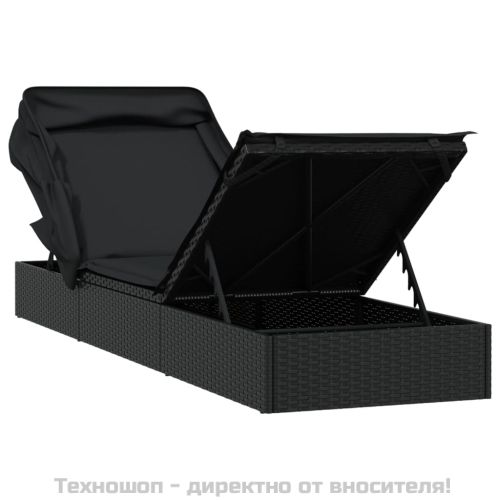 Шезлонг със сгъваем покрив, черен, 213x63x97 см, полиратан